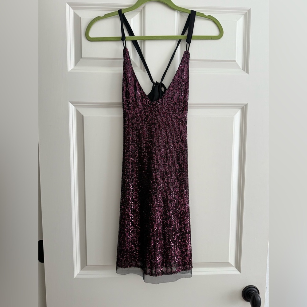 Black and purple mini sequin dress